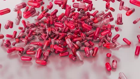 Pills-drugs-capsules-falling-on-white-table-counter-top-slow-motion-closeup-4K